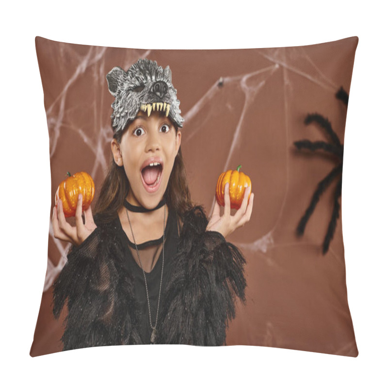 Personality  Close Up Excited Girl In Wolf Mask Holds Pumpkins In Her Hands With Spider On Backdrop, Halloween Pillow Covers