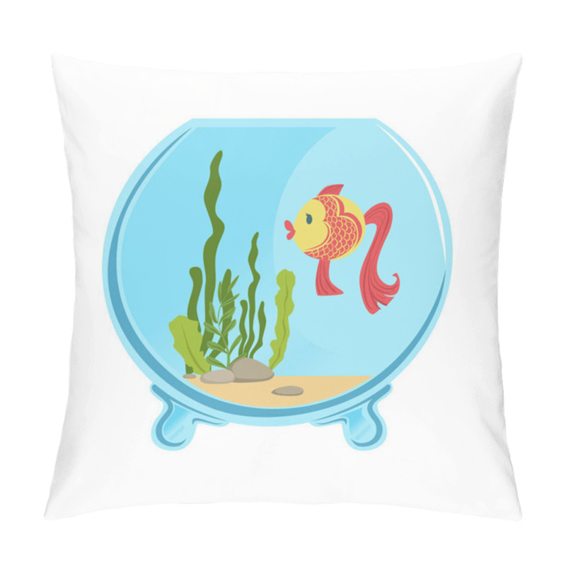 Personality  Round Glass Aquarium With Golden Fish. Different Green Algae And Little Stones On Sand. Aquatic Concept. Isolated Flat Vector Icon For Card Or Flyer Pillow Covers