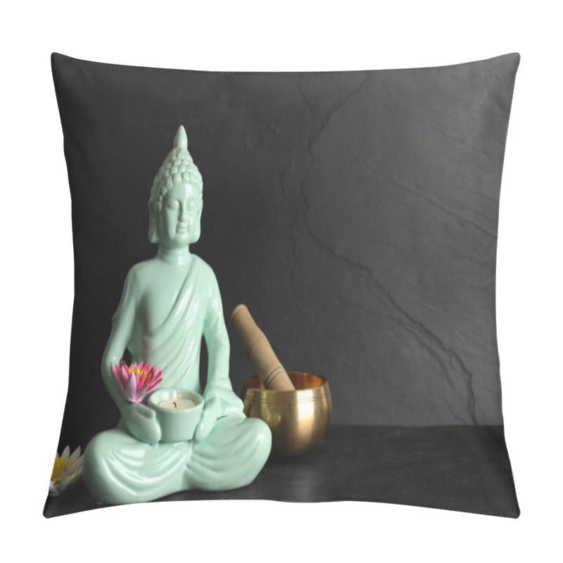 Personality  Buddha Statue With Burning Candle, Lotus Flowers And Singing Bowl On Black Table. Space For Text Pillow Covers