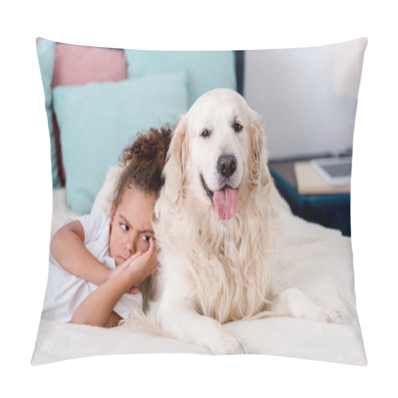 Personality   Little Frowned African American Kid Lying On Bed While Leaning To Dog Pillow Covers