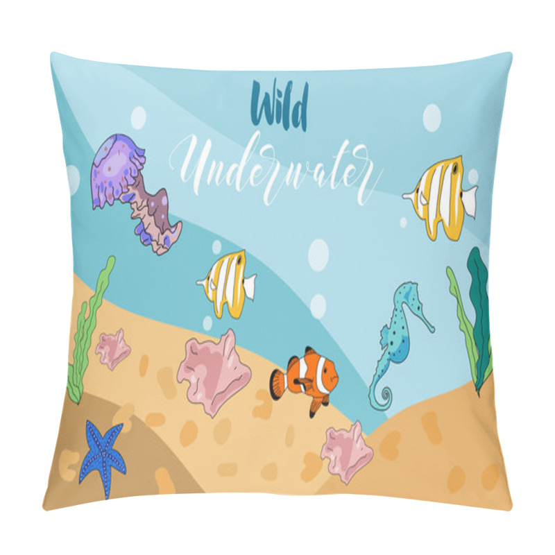 Personality  Vector Drawn Background With Hand Drawn Underwater Animals And Plants. Sea Horse, Sea Star, Fish, Sea Shell, Jellyfish In Sketch Style. Pillow Covers