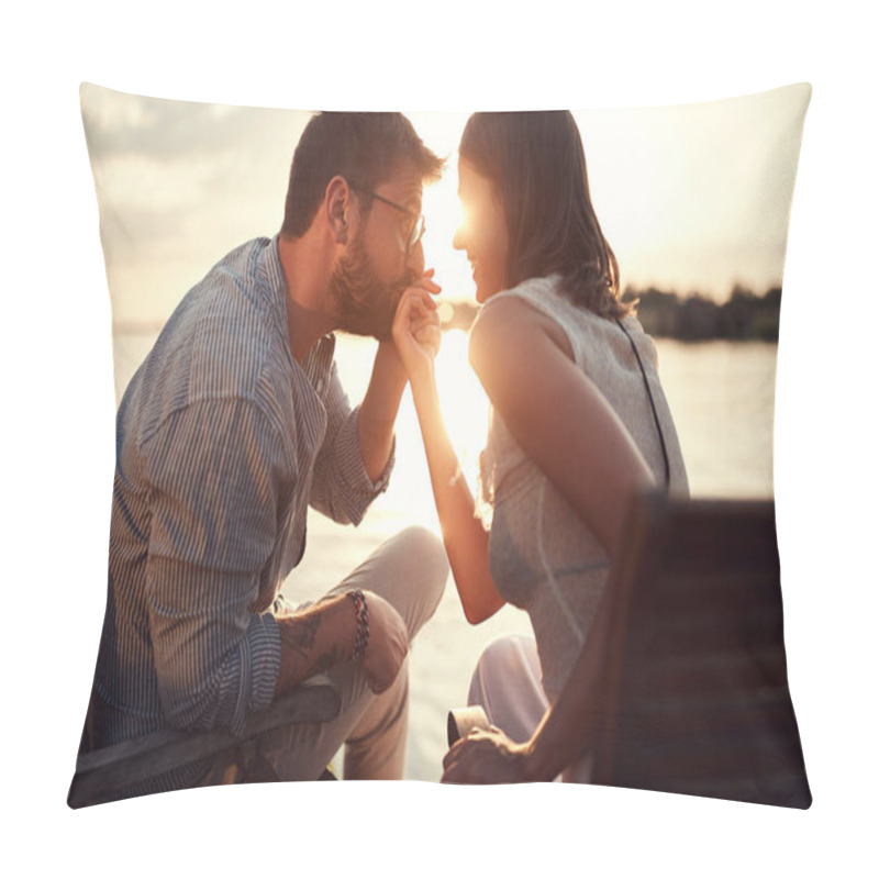 Personality  Close Up Of Young Beardy Man Holding And Kissing Hand Of A Woman Beside The  River At Sunset Pillow Covers