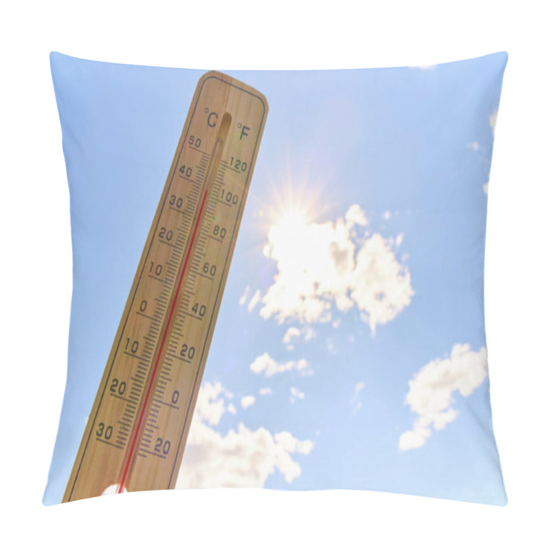 Personality  Wooden Outdoor Thermometer Background Scorching Summer Sun And Blue Sky Pillow Covers