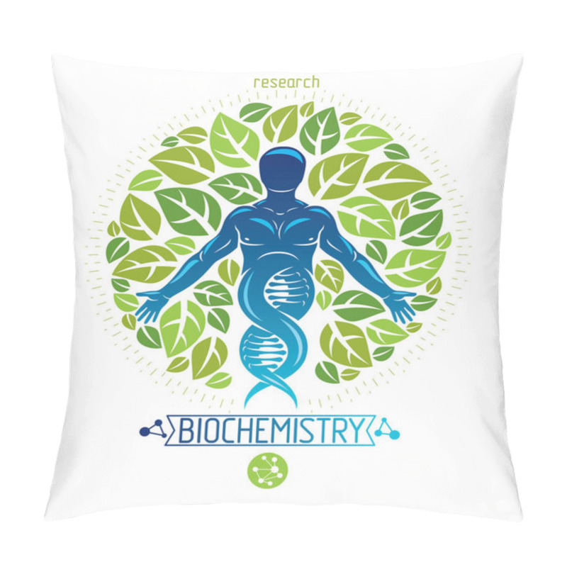 Personality  Vector Graphic Illustration Of Muscular Human Depicted As DNA Symbol Continuation And Created With Ecology Tree Leaves. Green Thinking Technology Innovations, Ecology Conservation Concept. Pillow Covers