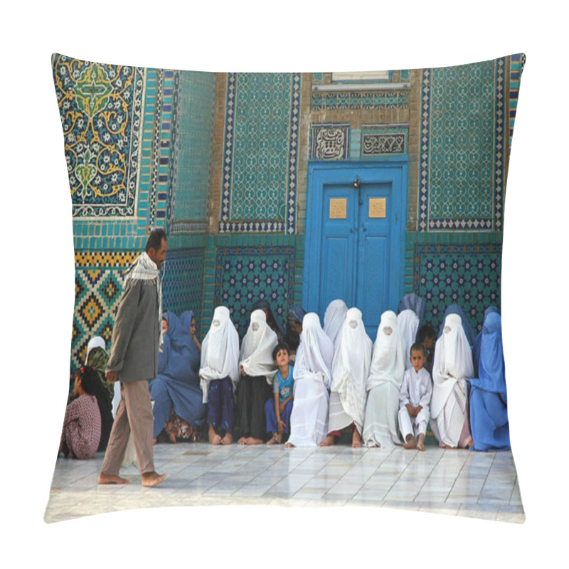 Personality  Mazar-i-Sharif In Balkh Province, Afghanistan. Afghan Women Wearing Blue And White Burqas (burkas) Wait Outside The Blue Mosque In Mazar I Sharif As A Man Walks Past. Northern Afghanistan Pillow Covers