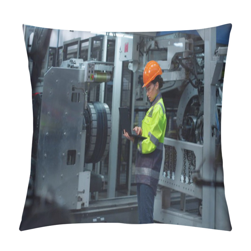 Personality  Engineer Typing Laptop Computer Wearing Safety Uniform On Modern Factory. Pillow Covers