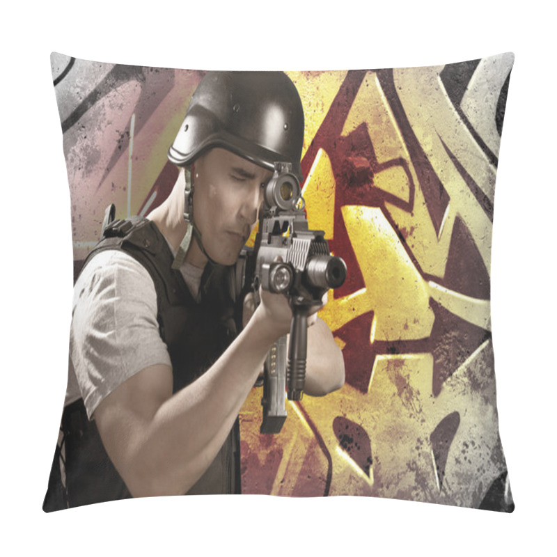 Personality  Paintball Player On Graffiti Background With Intense Orange Ligh Pillow Covers