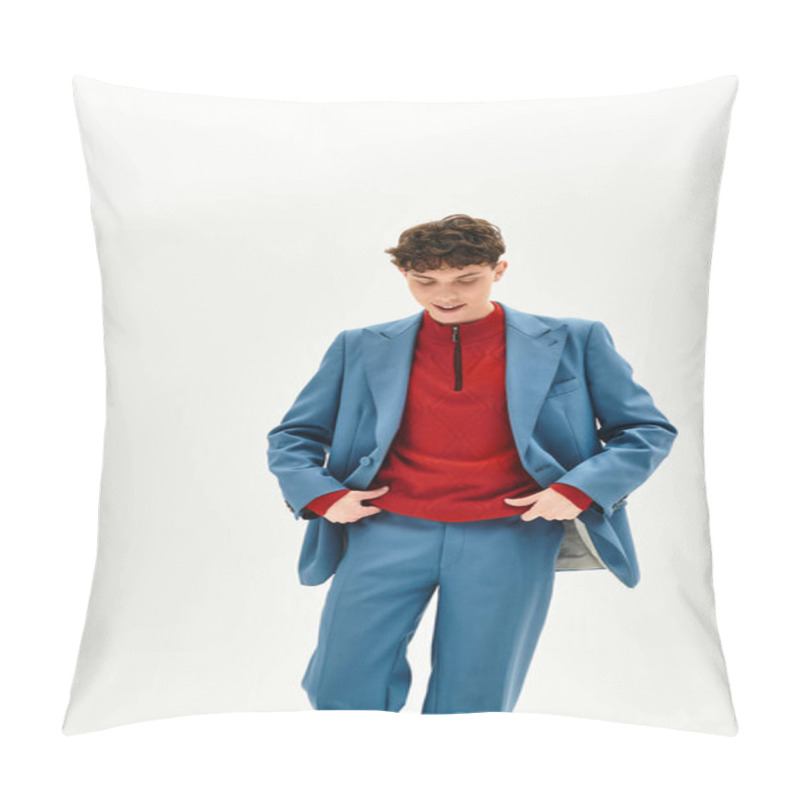 Personality  Man Showcases Modern Fashion In A Vibrant Blue Suit Against A Clean White Background. Pillow Covers