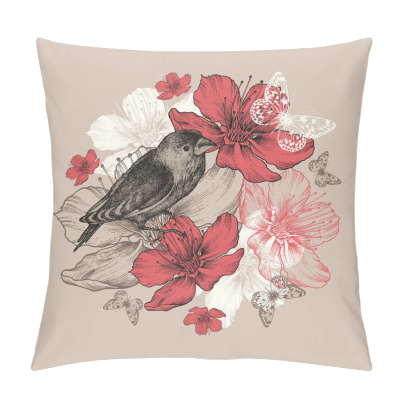 Personality  Flower Background With Bird, Butterfly And Flowering Apple Trees Pillow Covers