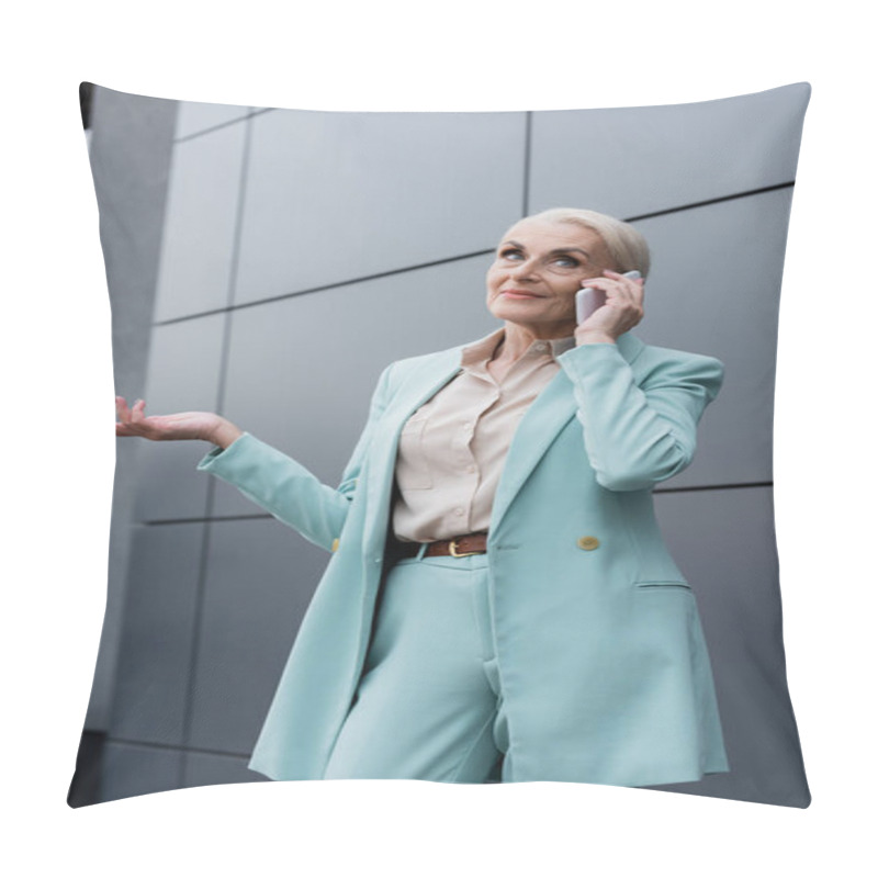 Personality  Senior Businesswoman In Formal Wear Talking On Smartphone Near Building Outdoors Pillow Covers