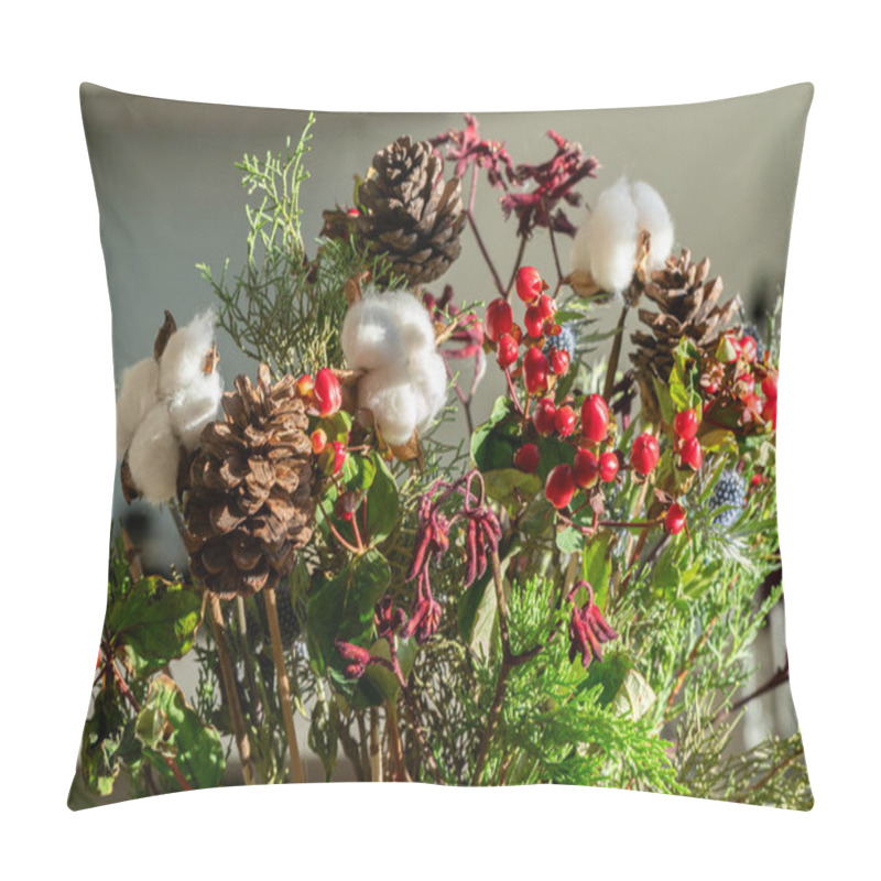 Personality  A Luxurious And Beautiful Winter Bouquet. Featuring Seasonal Flowers, It Makes A Perfect Gift And Decoration. Includes Fir Branches, Ilex, Nobilis, Leucadendron, Eucalyptus, And Cotton. Pillow Covers