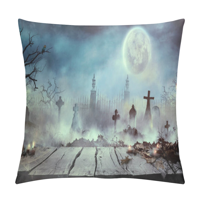 Personality  Halloween Design With Wooden Table And Graveyard Pillow Covers