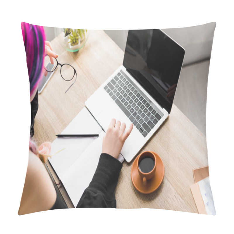 Personality  Cropped View Of Woman Using Laptop While Sitting At Table With Notebook And Cup Of Coffee Pillow Covers