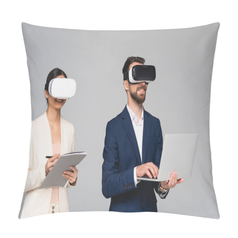 Personality  Businesswoman Holding Folder And Pen While Using Vr Headsets Together With Businessman Typing On Laptop Isolated On Grey Pillow Covers