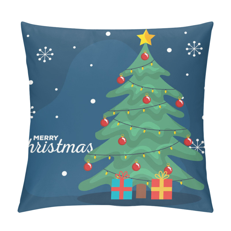 Personality  Merry Christmas Pine Tree With Gifts And Snowflakes Vector Design Pillow Covers