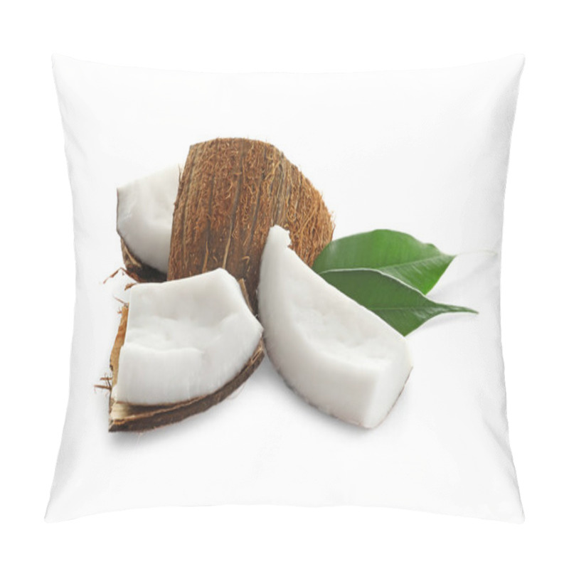 Personality  Pieces Of Coconut With Leaves On White Background Pillow Covers