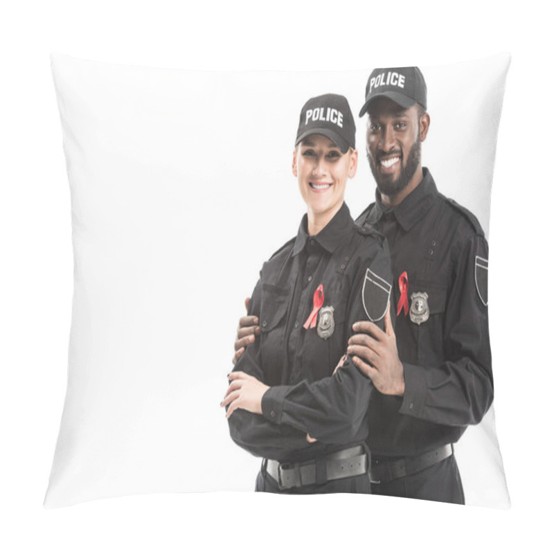 Personality  Smiling Police Officers With Aids Awareness Red Ribbons Looking At Camera Isolated On White Pillow Covers