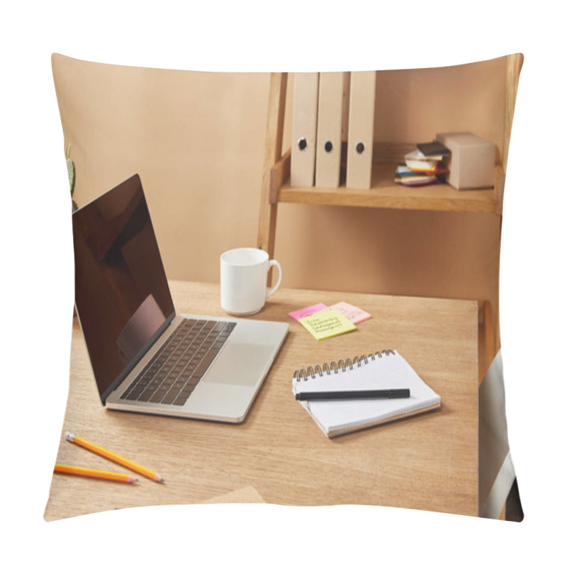 Personality  Laptop, Notebooks And Pencils On Wooden Table At Home Pillow Covers