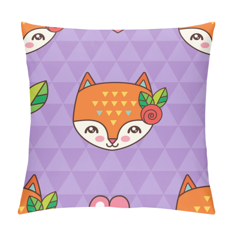 Personality  Children's Seamless Pattern. A Sweet Fox With A Rose On Her Head. Violet Geometric Background. Kawaii Style. Pillow Covers