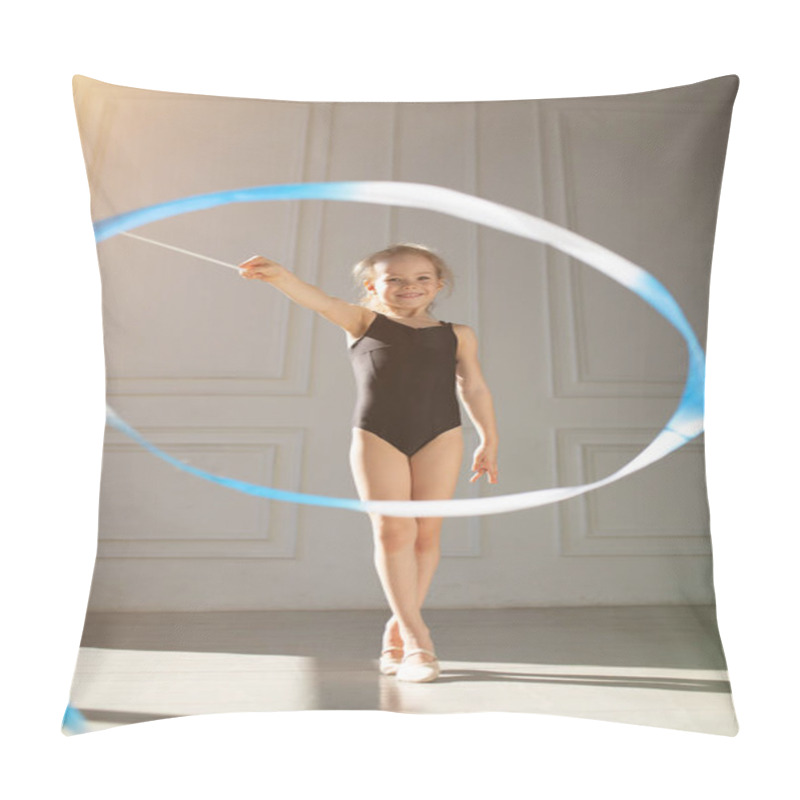 Personality  Happy Little Girl Gymnast Does Exercises With A Gymnastic Ribbon. Exercises In The Gym. Pillow Covers