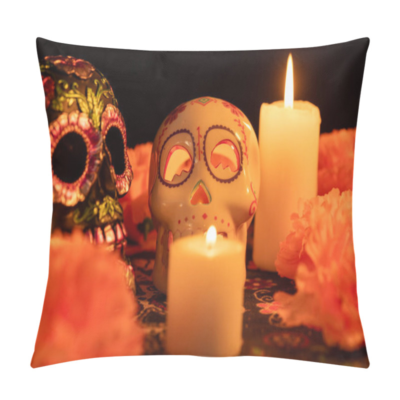 Personality  A Striking Display With A Metal-floral Adorned Skull And A Hollow Skull With A Lit Candle, Set On A Day Of The Dead Cloth. Orange Marigolds And Candles Surround The Centerpiece, All Against A Black Background. Pillow Covers