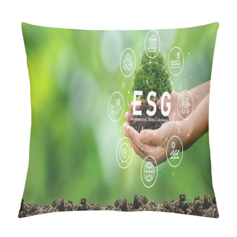 Personality  Hand Planting Trees With Hands ESG Icon Concept For Environmental, Social And Governance In Sustainable And Ethical Business On Networked Connections On Green Background. Pillow Covers