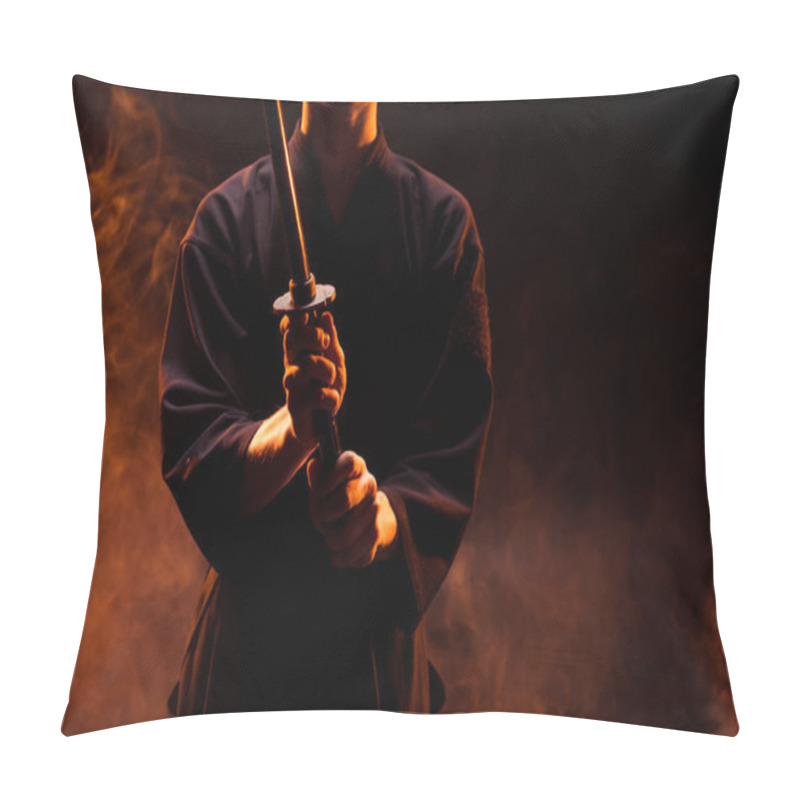 Personality  Cropped View Of Young Man In Kimono Holding Kendo Sword In Smoke Pillow Covers