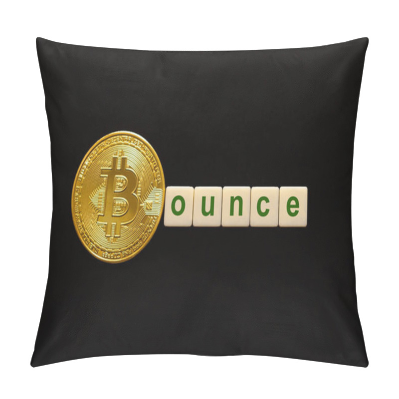 Personality  Word Bounce Made Up Of Cubes. The First Letter Of The Word Is Symbolized By A Bitcoin Coin. Concept Of Strong BTC, Bitcoin Growth Rate, Price Increase, Blockchain Confidence, Positive Price Outlook. Pillow Covers