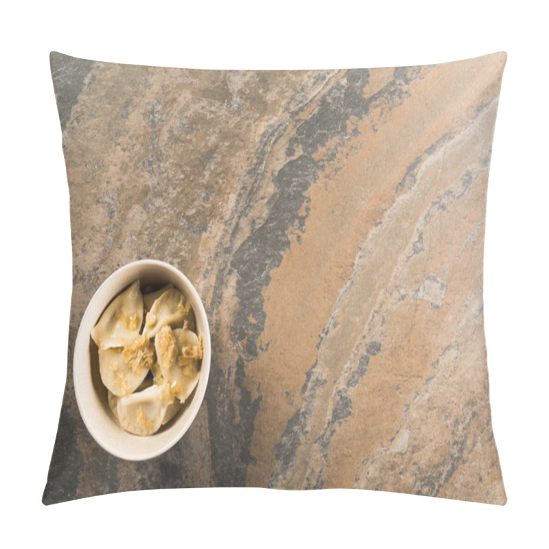 Personality  Top View Of Delicious Varenyky With Fried Onion In Bowl On Stone Surface Pillow Covers