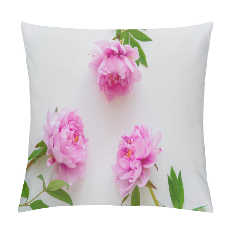 Personality  Top View Of Pink Peony Flowers With Green Leaves On White Background Pillow Covers