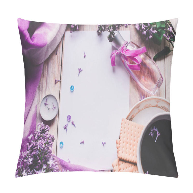 Personality  Morning Cup Of Tee, Cookies, And Lilac Flower On Wooden Table From Above. Beautiful Breakfast. Flat Lay Style With Copy Space Pillow Covers