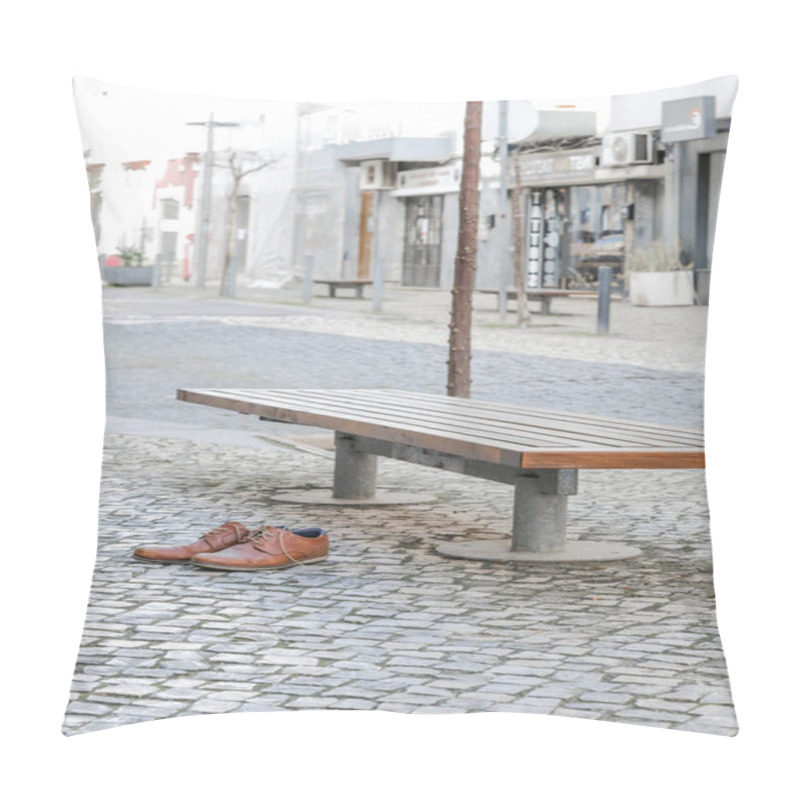 Personality  Brown Leather Shoes On A Cobblestone Pavement Next To A Bench In An Urban Setting. Pillow Covers