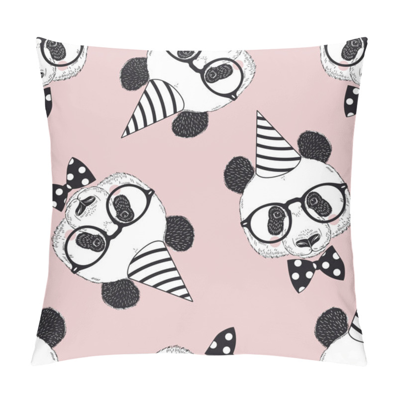 Personality  Happy Birthday Vector Seamless Pattern With Cute Panda Portrait In Party Hat Tie Bow And Glasses Pillow Covers