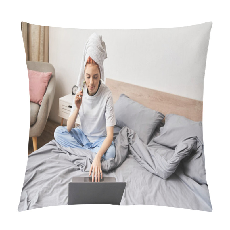 Personality  Appealing Red Haired Queer Person In Homewear Using Face Roller While Relaxing On Bed With Laptop Pillow Covers