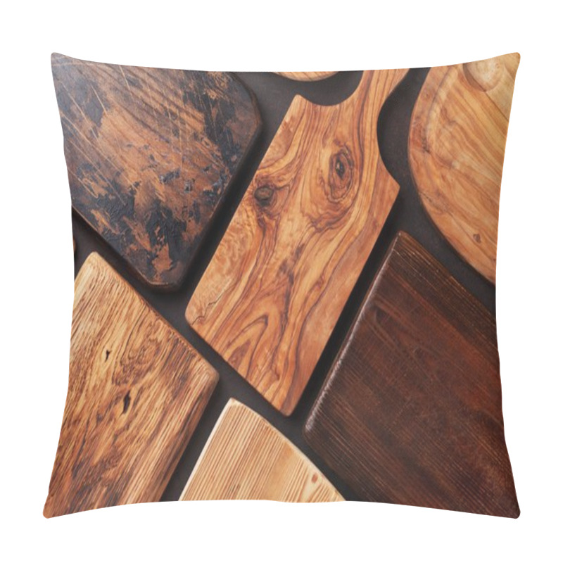 Personality  Various Cutting Boards On Stone Table. Cooking Utensils. Top View Pillow Covers