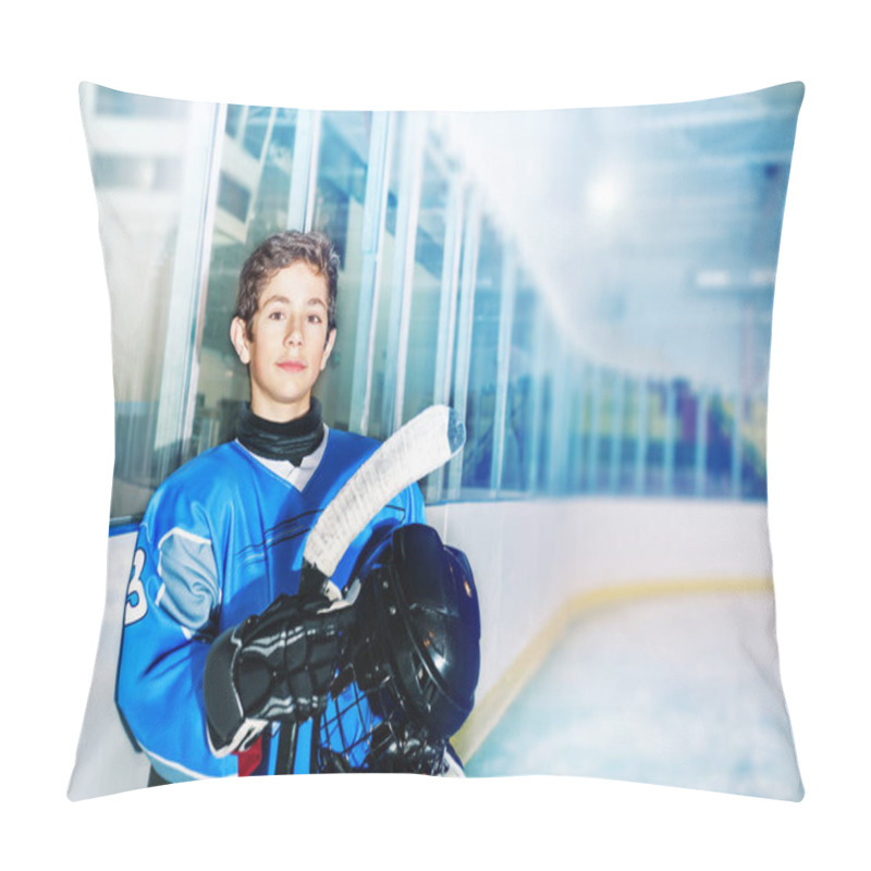 Personality  Portrait Of Teenage Boy, Professional Ice Hockey Player, Resting Between Game Periods Pillow Covers