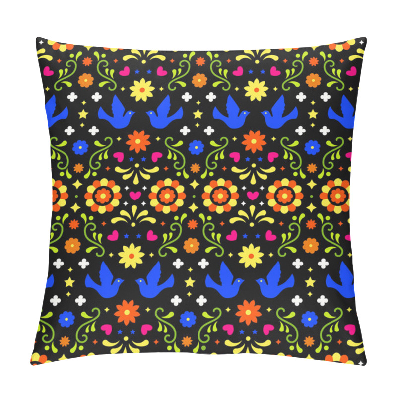 Personality  Mexican Folk Art Seamless Pattern With Flowers, Leaves And Birds On Dark Background. Traditional Design For Fiesta Party. Colorful Floral Ornate Elements From Mexico. Mexican Folklore Ornament. Pillow Covers