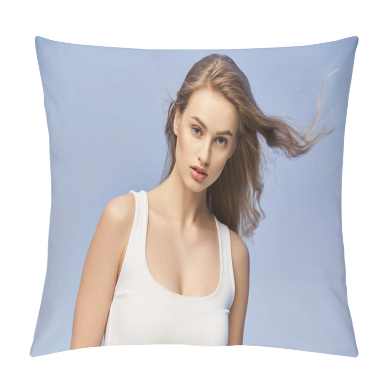 Personality  A Young, Blonde Woman Exudes Elegance As She Poses For A Picture In A Studio Setting While Wearing A White Tank Top. Pillow Covers