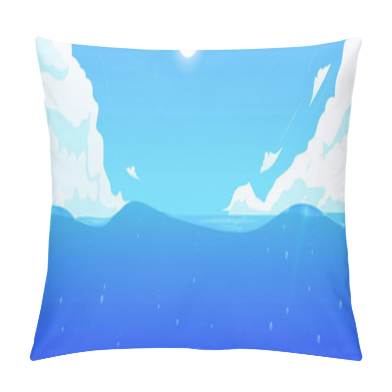 Personality  Sea Landscape For Game Background Design. Cartoon Ocean Wave Illustration. Blue Water And Sky With Clouds. Pillow Covers