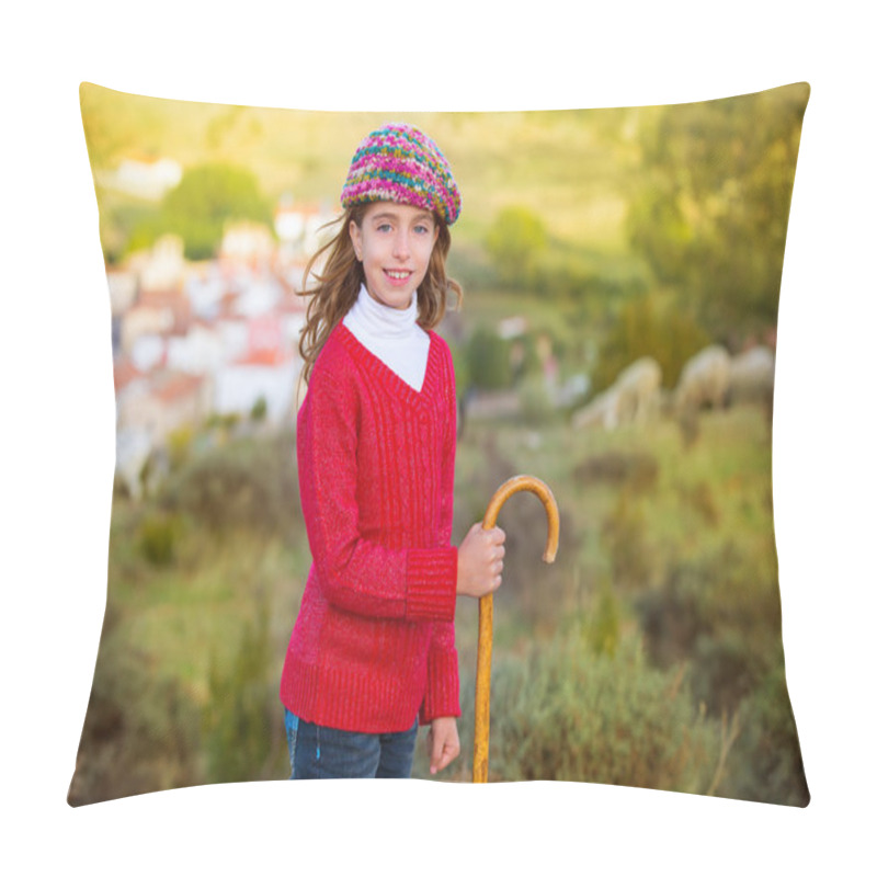 Personality  Kid Girl Shepherdess With Wooden Baston In Spain Village Pillow Covers