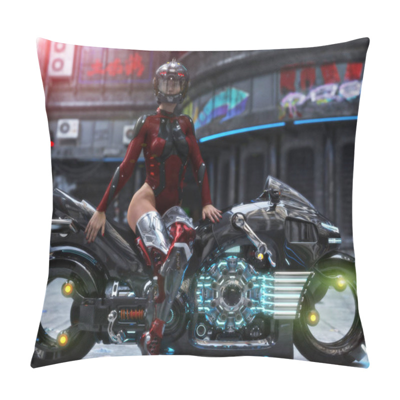 Personality  Female posing with futuristic bike in urban setting pillow covers