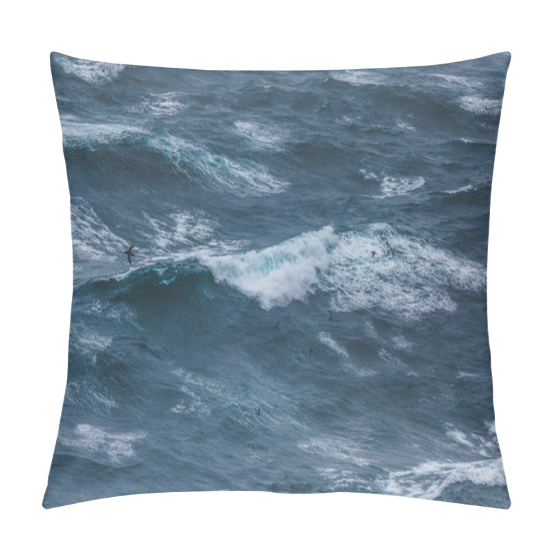 Personality  Dramatic Shot Of Bird Flying Over Wavy Blue Ocean Pillow Covers