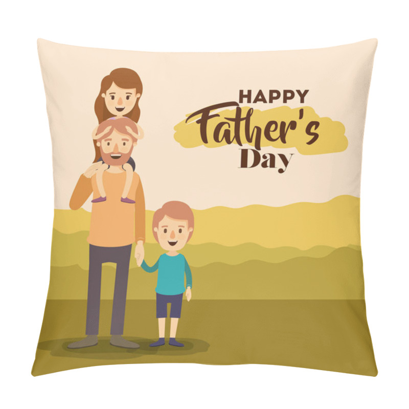 Personality  Colorful Background Landscape With Girl In Shoulders Of Dad And Kid Of The Hand On The Fathers Day Pillow Covers