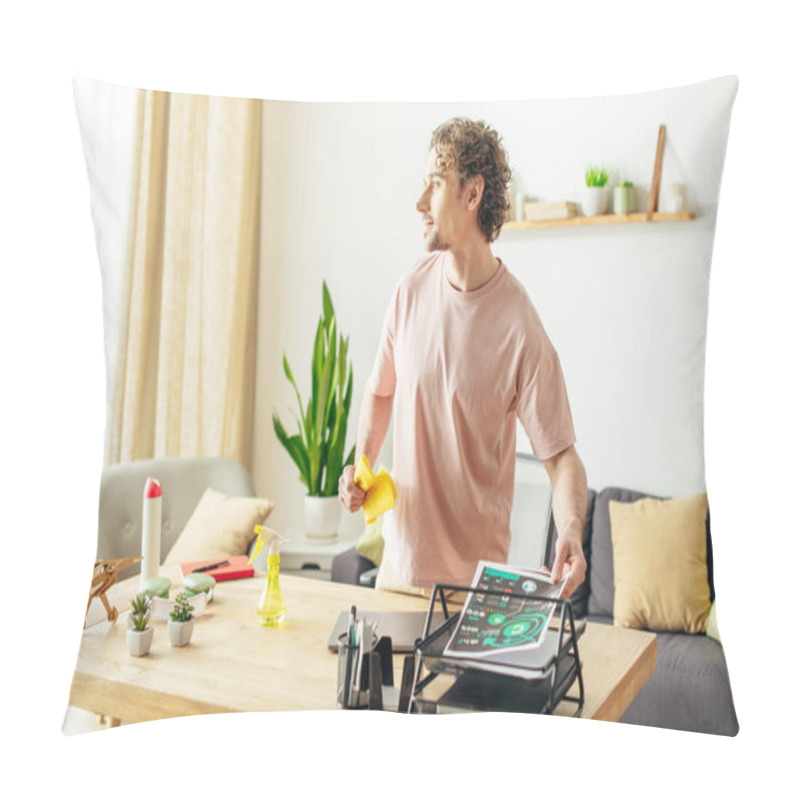 Personality  Handsome Man In Cozy Homewear Stands In Living Room Next To Table. Pillow Covers