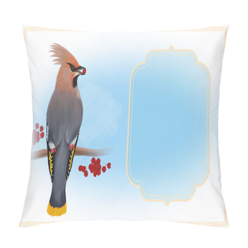 Personality   Postcard Design With Bohemian Waxwing With Yellow Copy Space Frame Pillow Covers