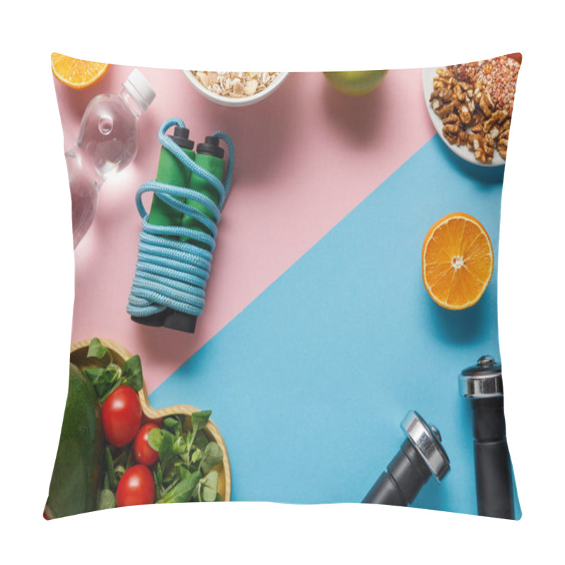 Personality  Top View Of Diet Food, Water, Skipping Rope And Dumbbells On Pink And Blue Background Pillow Covers