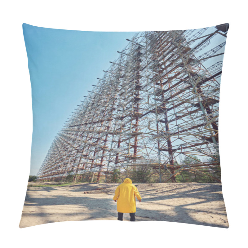 Personality  Young Man In Yellow Protective Suit Standing Near Military Secret Object Antenna Radar Duga In Chernobyl In Ukraine Pillow Covers