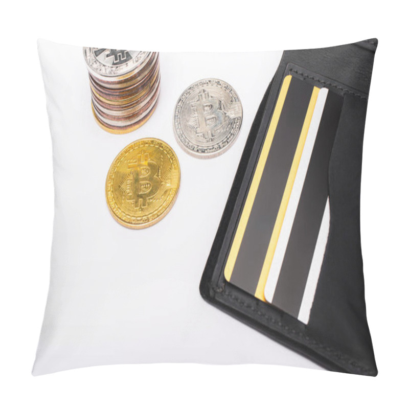 Personality  KYIV, UKRAINE - APRIL 26, 2022: Top View Of Wallet With Credit Cards And Bitcoins On White Background  Pillow Covers