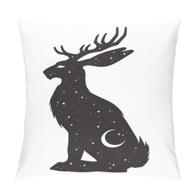 Personality  Silhouette Of Jackalope Hare With Horns Folklore Magic Animal With Night Sky With Crescent Moon Gothic Tattoo Design Isolated Vector Illustration. Pillow Covers