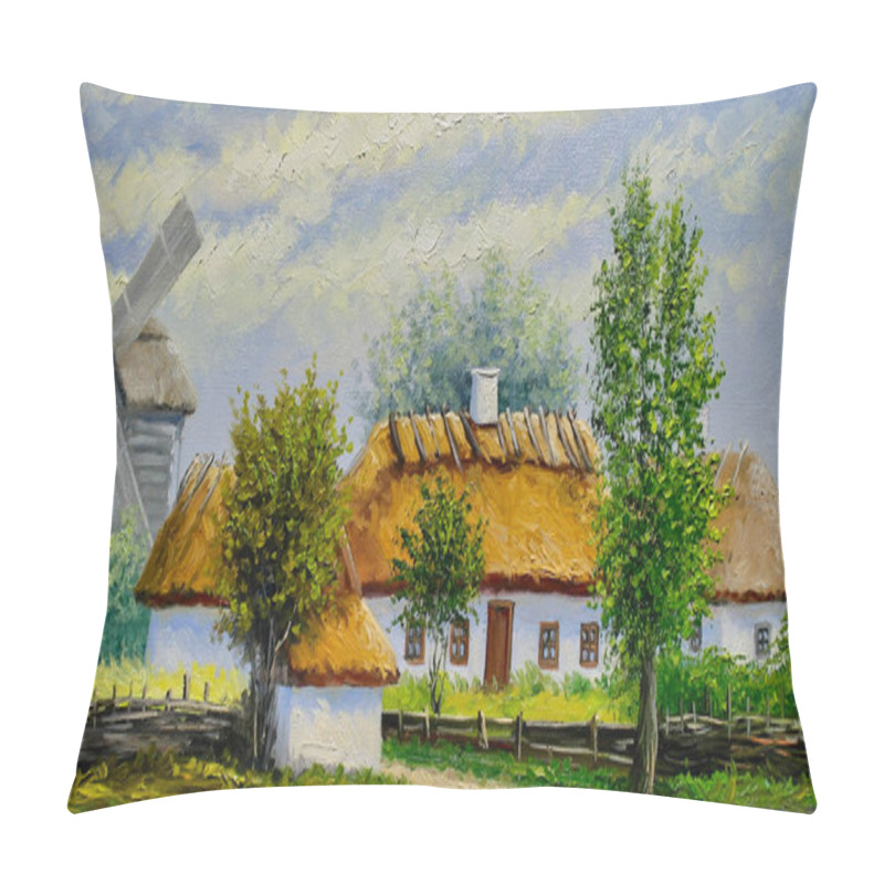 Personality  Oil Paintings Rural Landscape, Fine Art, Traditional House In The Village Pillow Covers